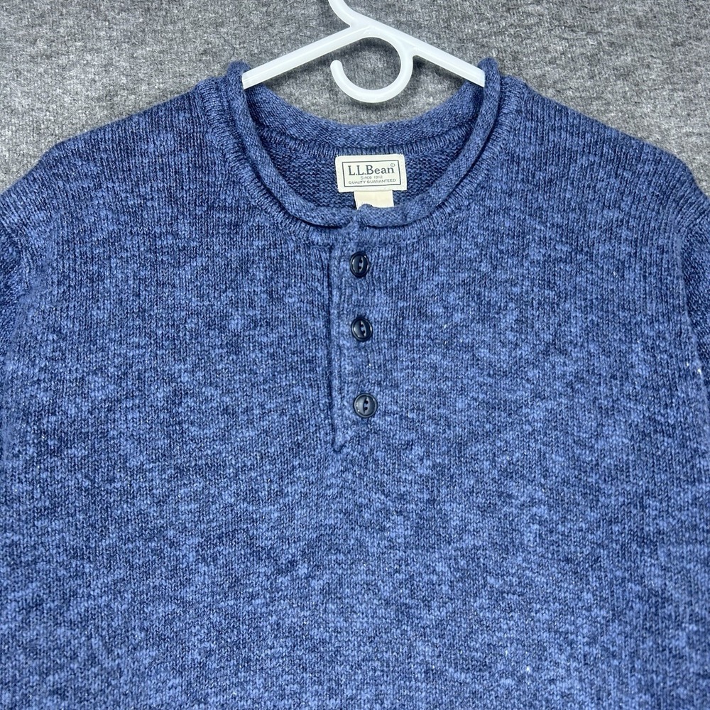 LL Bean Roll Neck Sweater Mens‎ LT Blue Henley Fisherman Long Sleeve Chunky